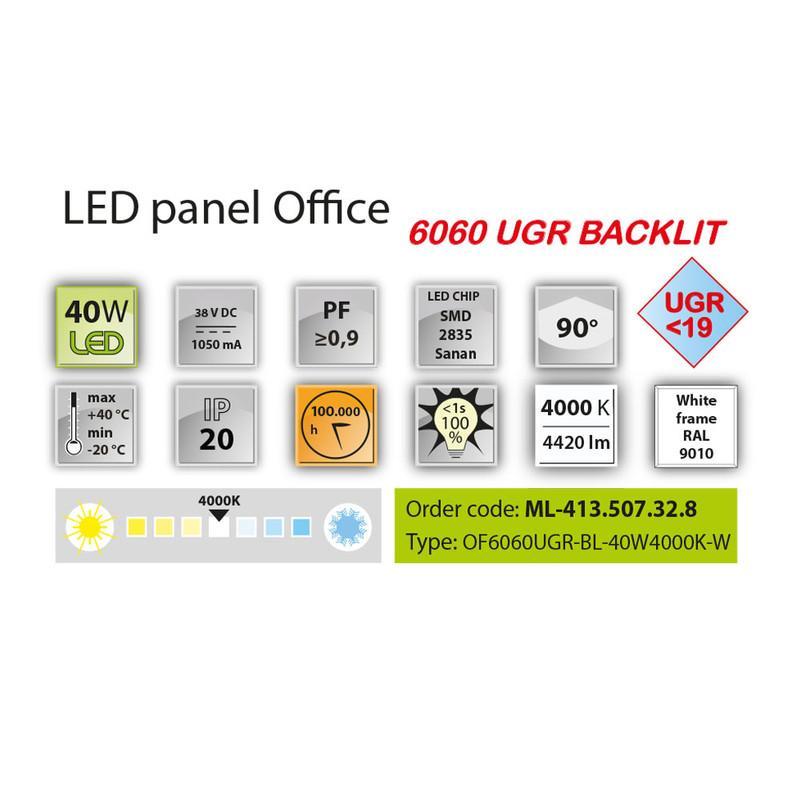 LED svítidlo Office 6060 UGR Backlit, 40W, 4000K, IP20, CRI90, bílá barva, bez driveru